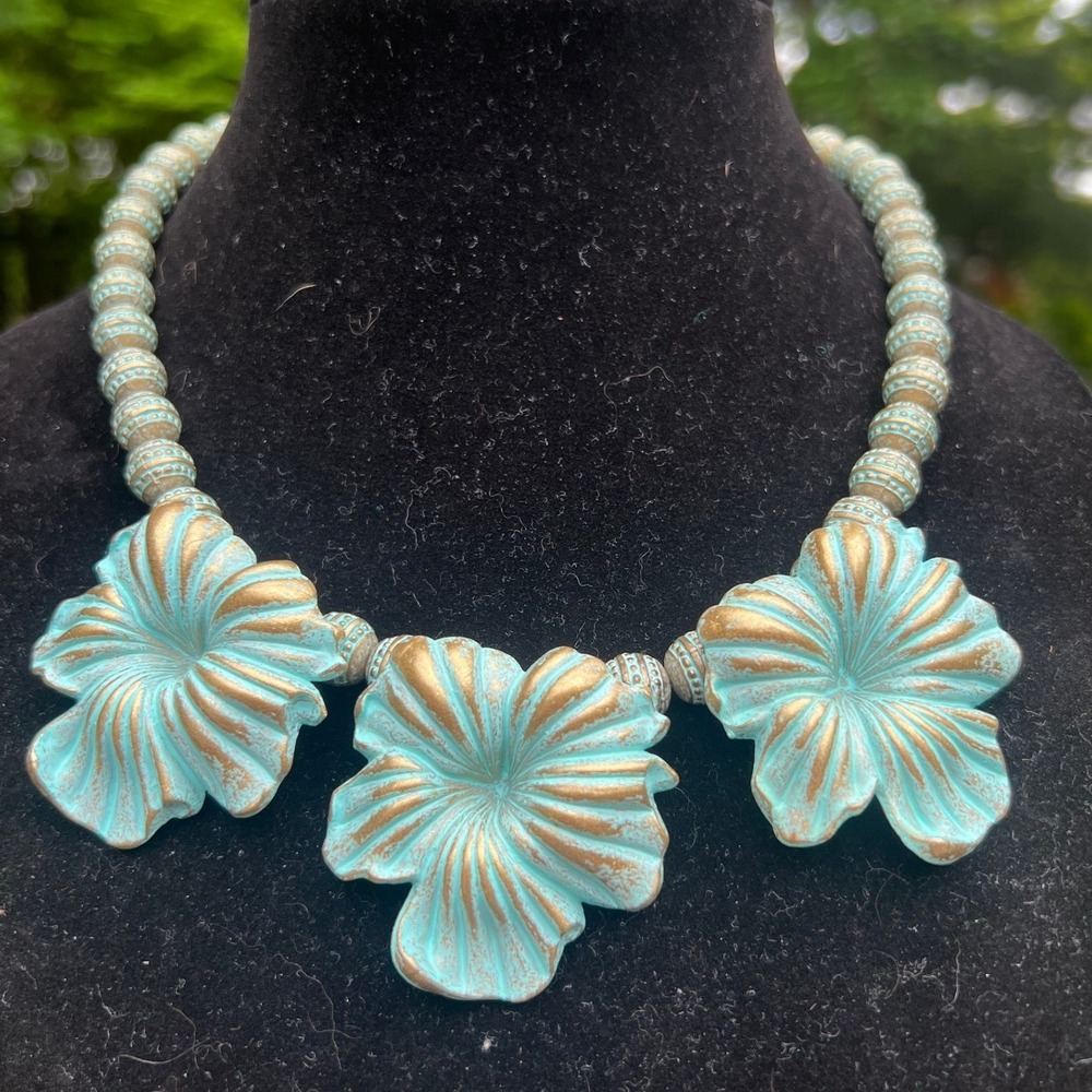 Vtg Boho Teal Gold Hibiscus Flower Statement Necklace Tropical Verdigris Patina